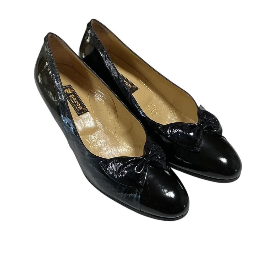 Peron Bow Pumps Shoes Women 9 40 Black Italian Patent Leather Heels VTG 90s